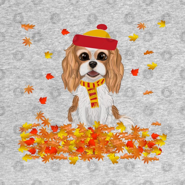 Blenheim Cavalier King Charles Spaniel in Fall Leaves by Cavalier Gifts